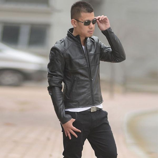

men's leather & faux jacket men autumn genuine coat solid slim male casual cow plus size stand outerwear, Black