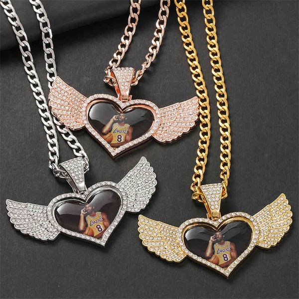 Imagem personalizada Colar Pingente Coração Anjo Asas Medalhões Com 4 MM Tênis Corrente Cristal Homens Mulheres Hip Hop Jóias Presente