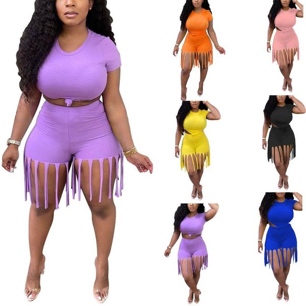

women's tracksuits plus size 2 pcs women sports outfits adults solid color round neck short sleeve knot crop + fringe fifth pants ladie, Gray