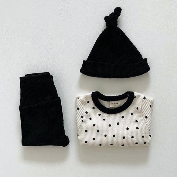 

2021 autumn baby boys girls clothes set baby dot print long sleeve and high waist pants with hat 3pcs toddler baby outfits, Blue