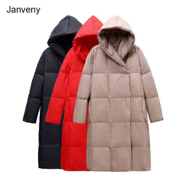 

janveny long down jacket women winter fishion puffer fluffy 90% white duck down coat hooded female feather parkas snow outerwear 211130, Black