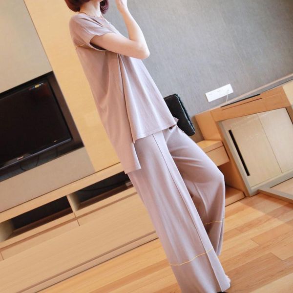 

fashion casual suit women's 2021 summer temperament ice silk wide leg pants short-sleeved sweater two-piece tracksuits, Gray