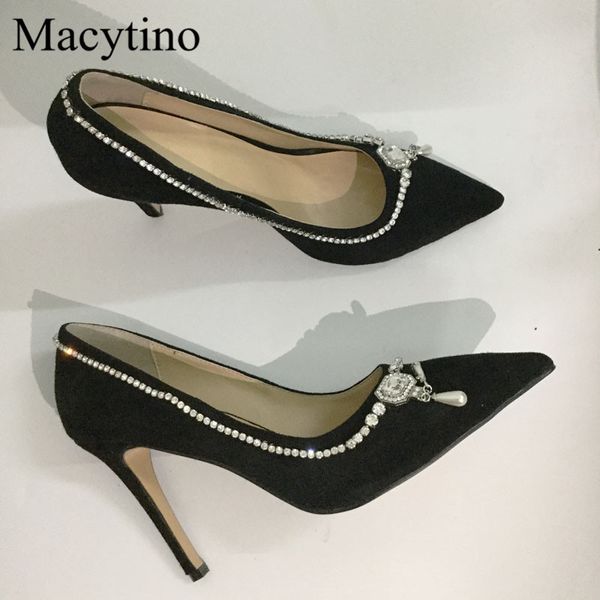 

dress shoes ladies high heel suede leather crystal elegant pointed toe bridal wedding women pumps designer formal party kzs0, Black