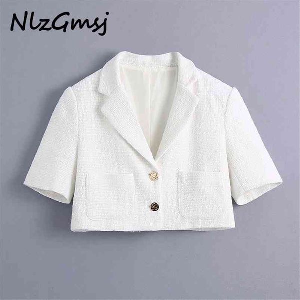 

blazer women tweed blazers coat vintage notched collar short sleeve female outerwear chic 05 210628, White;black