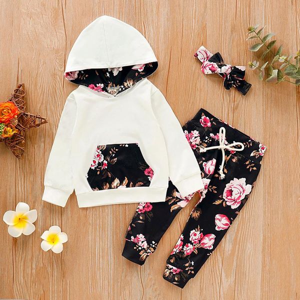 

infant baby boys girls floral print pullover hoodie +pants+headbands outfits children clothes sets girl suit clothing, White