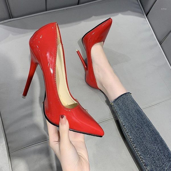 

summer fashion nude color small fresh high heels patent leather stiletto single shoes pointed toe slip-on pumps dress1, Black