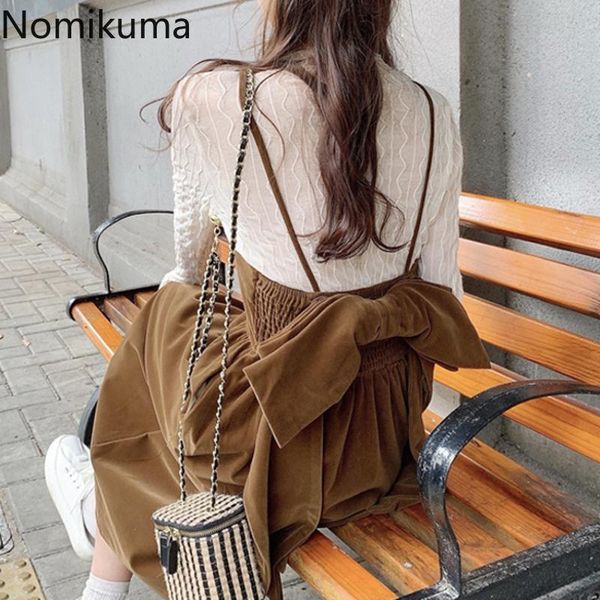

casual dresses nomikuma back bow knot design corduroy spaghetti strap dress women solid color elegant chic high waist a line vestidos, Black;gray