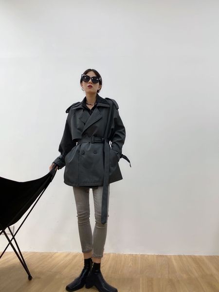 

coats 2021 temperament fashion short trench coat (with belt) hx01, Tan;black