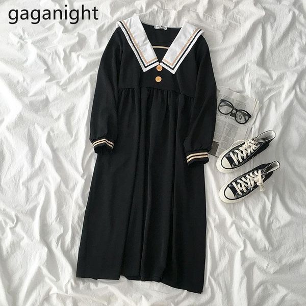 

casual dresses gaganight fashion women preppy style maxi dress black students loose long sleeve japanese girls vestidos 2021, Black;gray