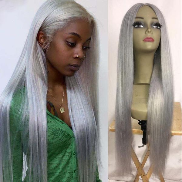 

eversilky transparent lace silky straight gray silver blonde human hair front wigs silk for women1, Black;brown