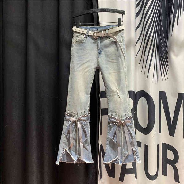 

autumn village high waist jeans women ripped cropped irregular beaded bow flared denim pants a3533 210428, Blue