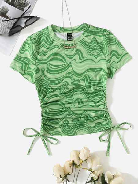 

marble print drawstring side ruched tee x8cp#, White
