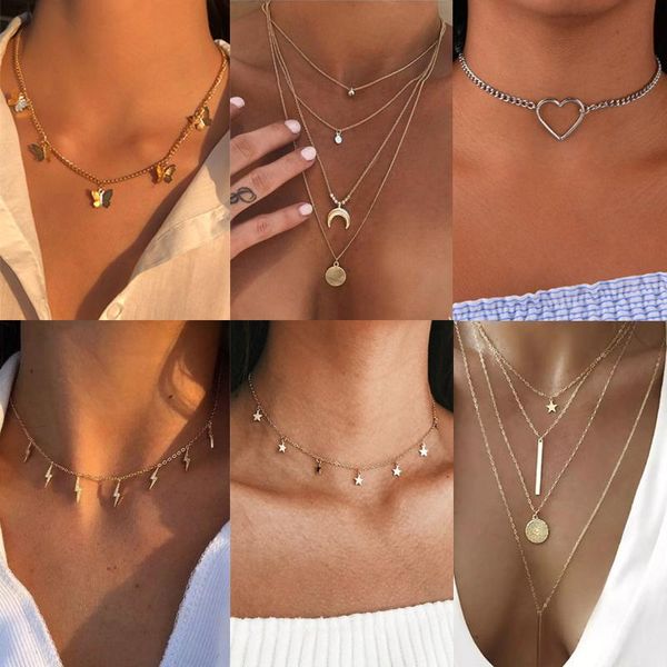 

pendant necklaces bohemian cute butterfly choker multilayer necklace for women gold silver color clavicle chain vintage statement chic jewel
