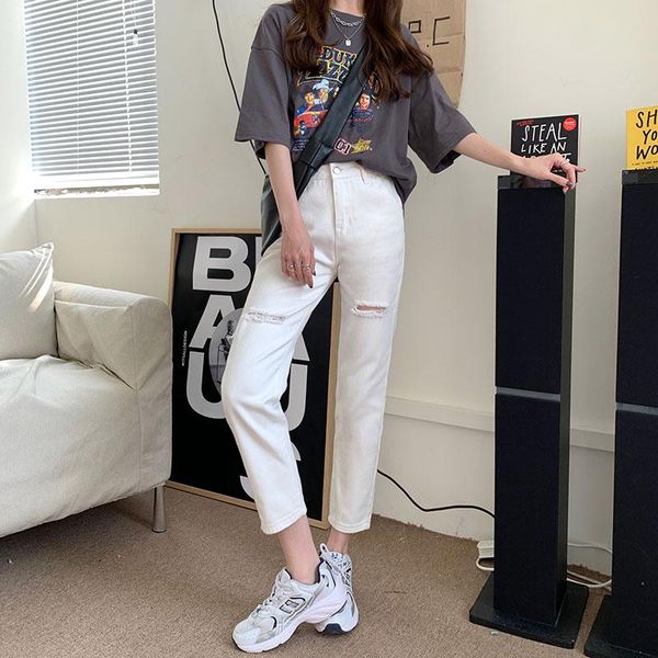 

women's jeans sml 2colors straight woman vintage basic ripped long trousers female street ankle length denim pants (78036, Blue