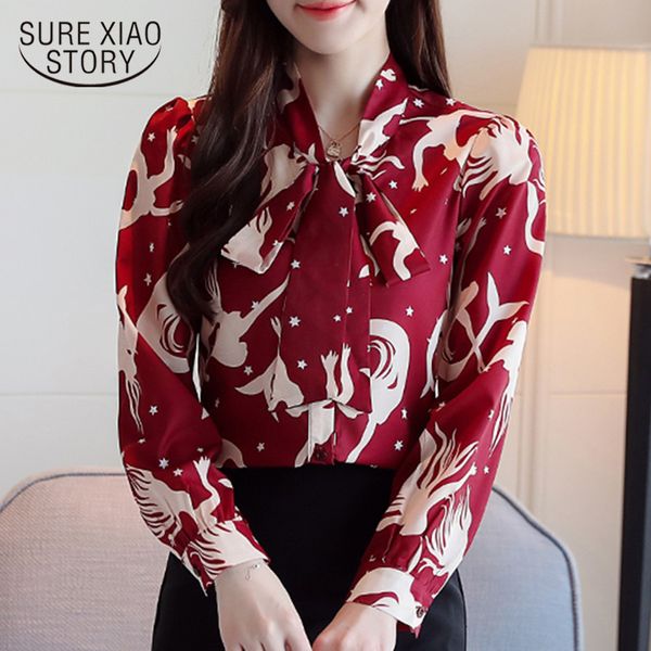 

blusas mujer de moda fashion spring slim print women red and blouses long sleeve chiffon ladies shirts bow 8372 50 210510, White