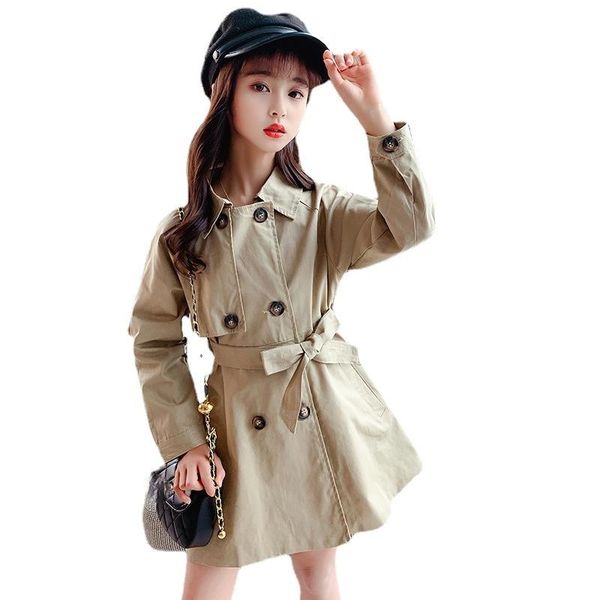 

coat classic children's trench outerwear boutique girls lapel waist double breasted kids clothing medium long jacket coats ., Blue;gray
