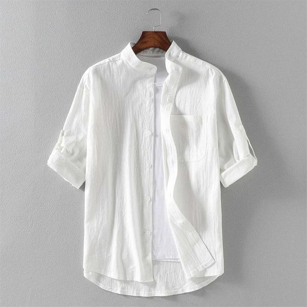 

men's casual shirts 2021 summer short sleeve men loose thin 100% cotton male fashion stand solid color shirt 4xl 5xl, White;black