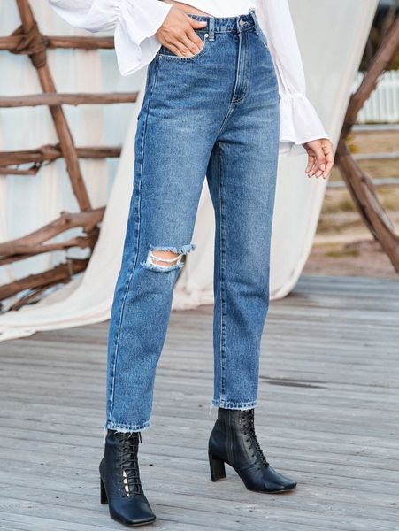 

high waisted slant pocket ripped jeans p3hj#, Blue