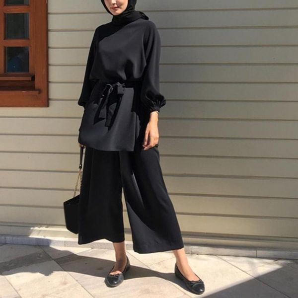 

women's tracksuits women muslim summer 2pcs outfits set long sleeve belted tunic wide leg loose pants solid color dubai kaftan hijab, Gray