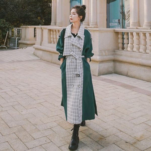 

women's trench coats nice european style women coat long double-breasted with belt patchwork lady duster spring autumn outerwear, Tan;black