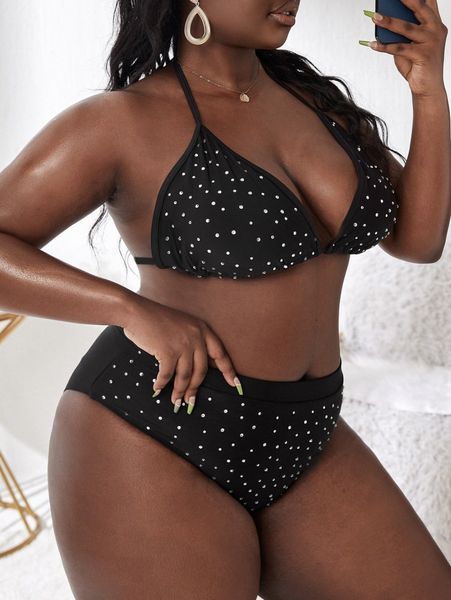 

plus rhinestone studded bikini swimsuit h64k#, Black