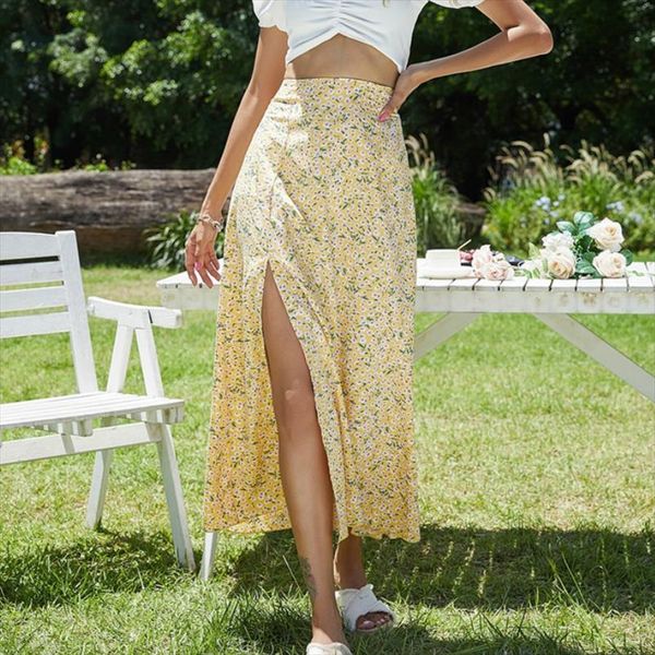 

casual beach split summer womens skirt high waist floral print midi boho sweet holiday bottoms, Black
