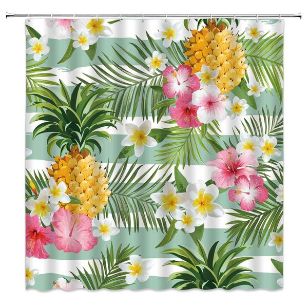 

tropical flower plant shower curtain pineapple palm leaf hibiscus floral plumeria fresh summer decor green pink fabric bath