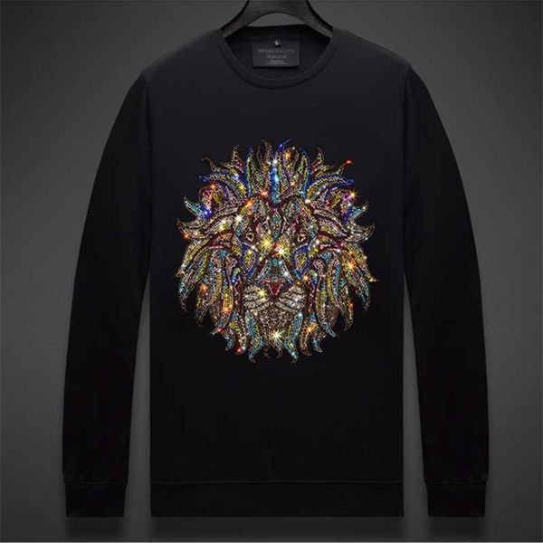 

men's t-shirts long sleeve quality male lion strass shirts diamond muscling european fashion bl16, White;black
