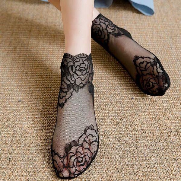

socks & hosiery 5 pairs fashion female girls summer lace flower harajuku short sock antiskid invisible ankle sox slippers, Black;white