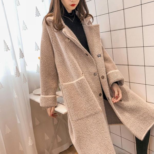 

[ewq] 2021 spring long-sleeved turn down collar single breasted panelled striped loose over knee cardigan overcoat 8d773 women's jacket, Black;brown
