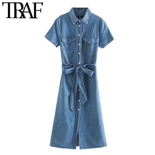 

women chic fashion with belt pockets denim midi dress vintage lapel collar short sleeve female dresses vestidos 210507, Black;gray
