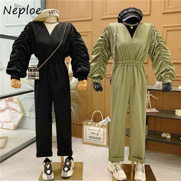 

neploe v neck pullover long sleeve jumpsuits women high waist hip straight bodysuit femme spring draped design playsuit 210510, Black;white