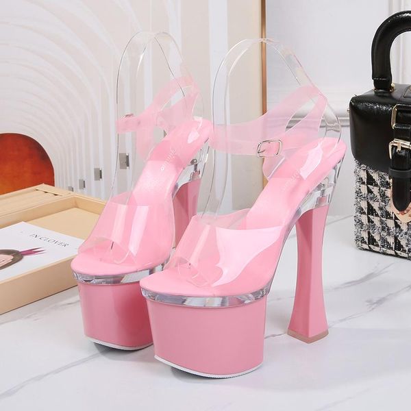 

women summer 18cm high heels fetish stripper sandals crystal 7cm platform pink block pumps plus size prom party shoes, Black