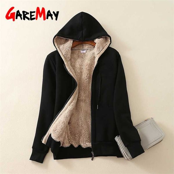 Mulheres casuais casuais de inverno casaco senhoras senhoras grosso veludo manga longa zíper cordeiro cashmere hoodies casaco feminino plus tamanho 211109