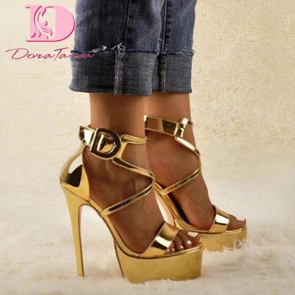 

doratasia plus size 34-45 fashion female platform sandals gold thin high heels women party shoes woman, Black