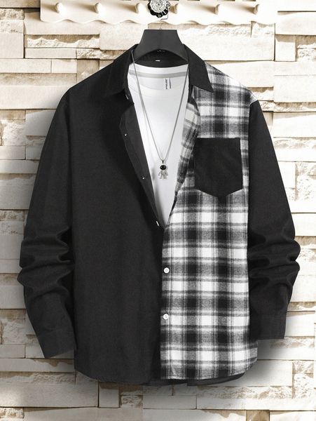 

men plaid pocket front corduroy shirt without tee x2ay#, White;black