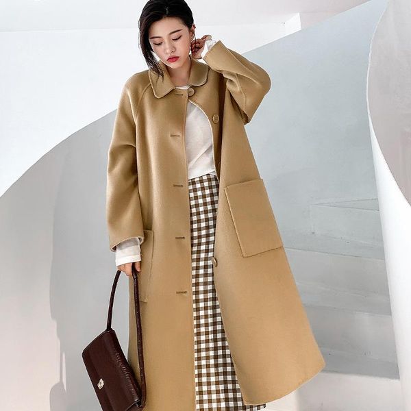 

women's wool & blends bossig double-sided cashmere coat 2021 korean medium and long lapel commuter waistless tweed, Black