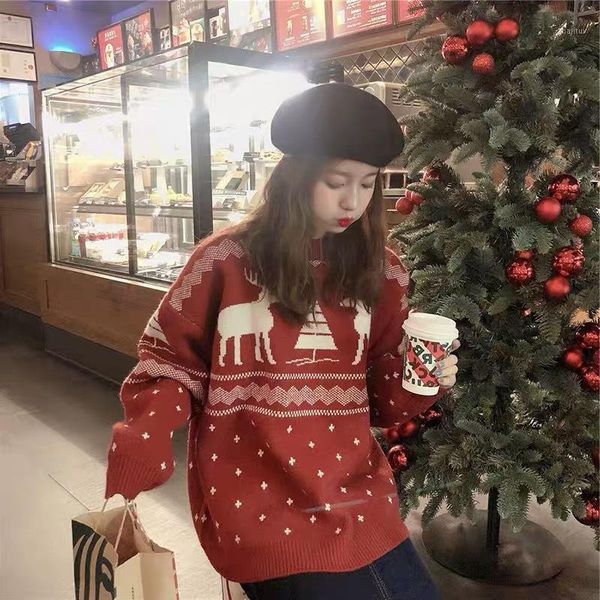 

spring autumn women sweater fashion christmas elk round neck female casual pullovers long sleeve kintted loose lazy women's sweaters, White;black