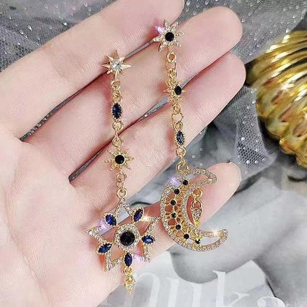 

dangle & chandelier bohemia golden long star moon tassel earrings for women blue cz stone inlay piercing drop fashion jewelry party gift, Silver