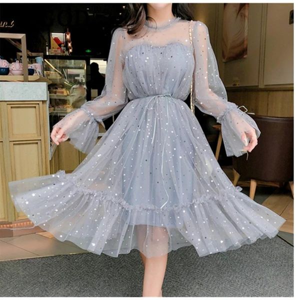 

casual dresses spring autumn female o-neck stars sequined mesh shiny fairy dress women elegant bling gauze princess puff, Black;gray
