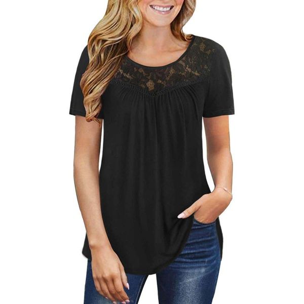 

women's t-shirt black t-shirts womens summer lace splicing hollow o-neck short sleeve loose casual t shirt women 2021 tee femme, White