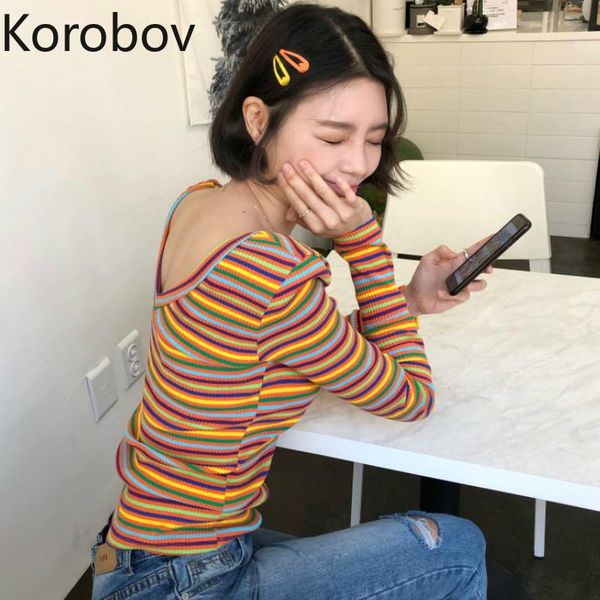 

women's sweaters korobov korean streetwear rainbow striped women slim thin knitted v neck pullovers jumper vintage sueter mujer 78265, White;black