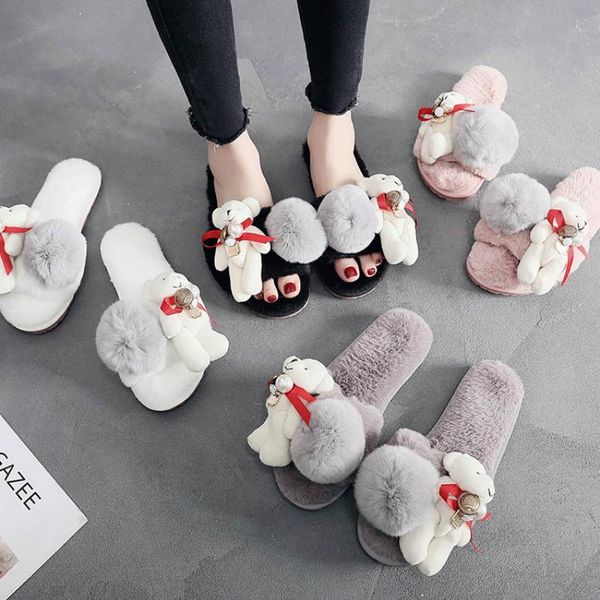 

slippers autumn winter women short fur outdoor shoes flat bottom plush soft cotton drag slides lovely bear pluszowe buty, Black
