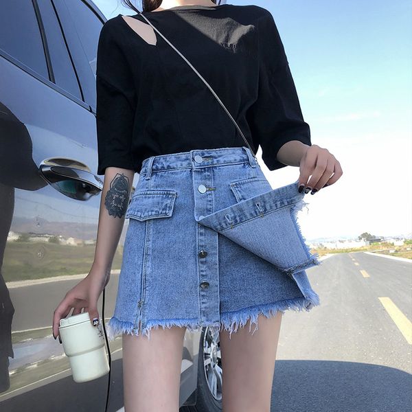 

women's jeans skirt summer loose holiday two 2021 spring high waist one-piece pants flash shorts fashion, Blue