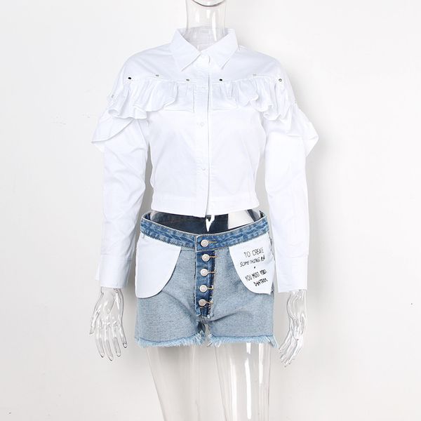 

blouses white patchwork ruffle shirt for women lapel long sleeve casual solid blouse female fashion clothing spring