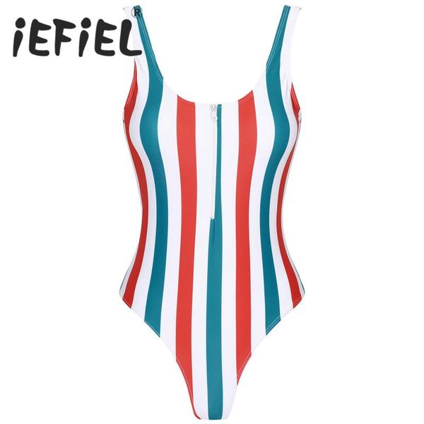 

women one piece bodysuit teddies u neck stripes padded front zipper closure leotard swimsuit beach bikini swimwear bathing suits one-piece