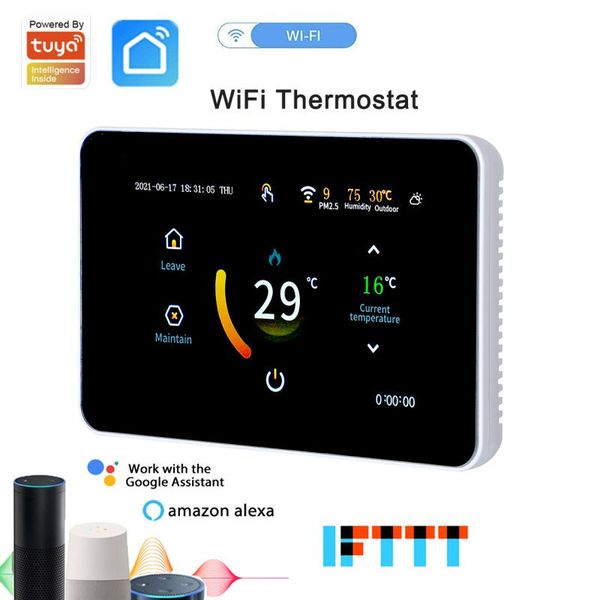 

smart home control tuya wifiheating thermostat remote contorl for water gas boiler touch lcd screen pm2.5 display with alexa google