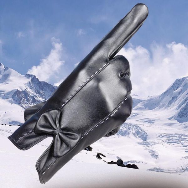 

five fingers gloves women girl luxurious pu leather winter super waterproof warm thermal glove cashmere mittens full fingerr flexible windst, Blue;gray