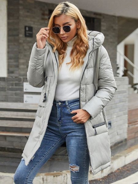 

hailuozi slant pocket zipper up drawstring hooded winter coat z92n#, Black