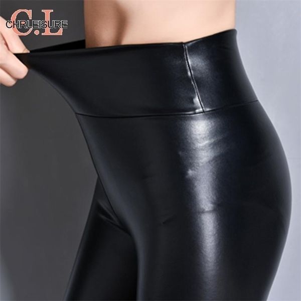 CHRLEISURE Frauen Pu Leder Hosen Elastische Hohe Taille Legging Herbst Winter Femme Mode Dünne Dicke Warme Samt Leder Leggings 211216